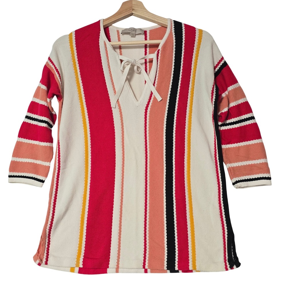 LOFT Striped Lace Up V Neck Sweater Tunic Top Womens Size S Serapa 100% Cotton